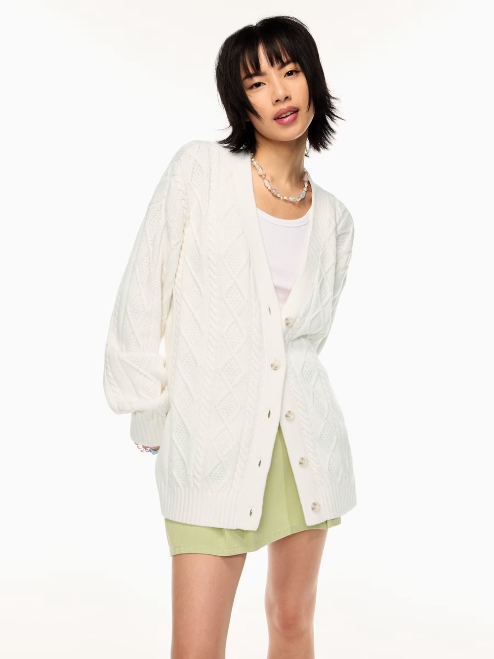Aritzia Sunday Best Lamora Cable Knit Longline Cardigan in Sagebrush Green - Picture 2 of 14